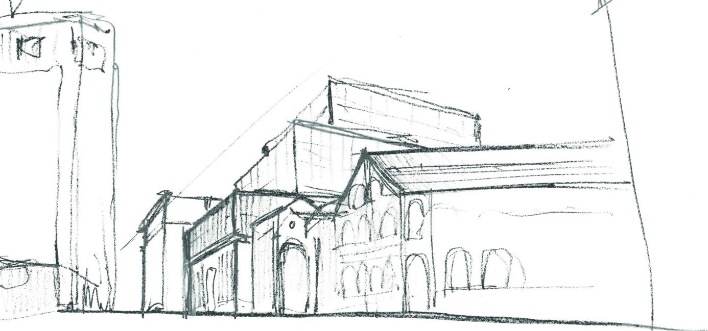 Pencil sketch of the Former Cranstonhill Foundry on Elliot Street with the emerging proposal rising behind it